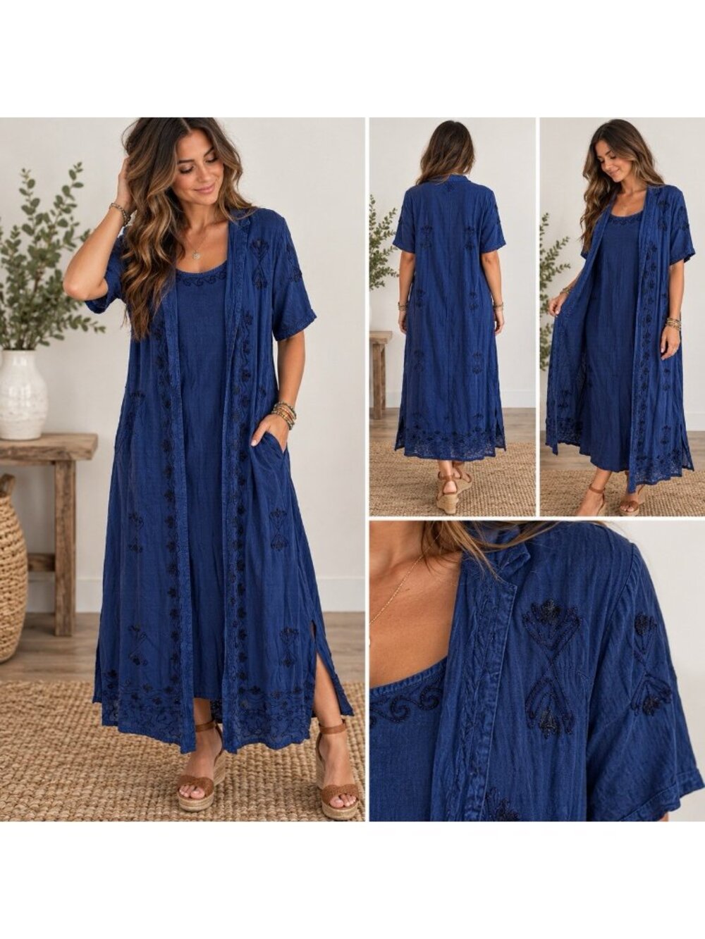 MPH Collection VTG  2 Piece Boho L  Maxi Dress Embroidered Hippie Blue Overcoat